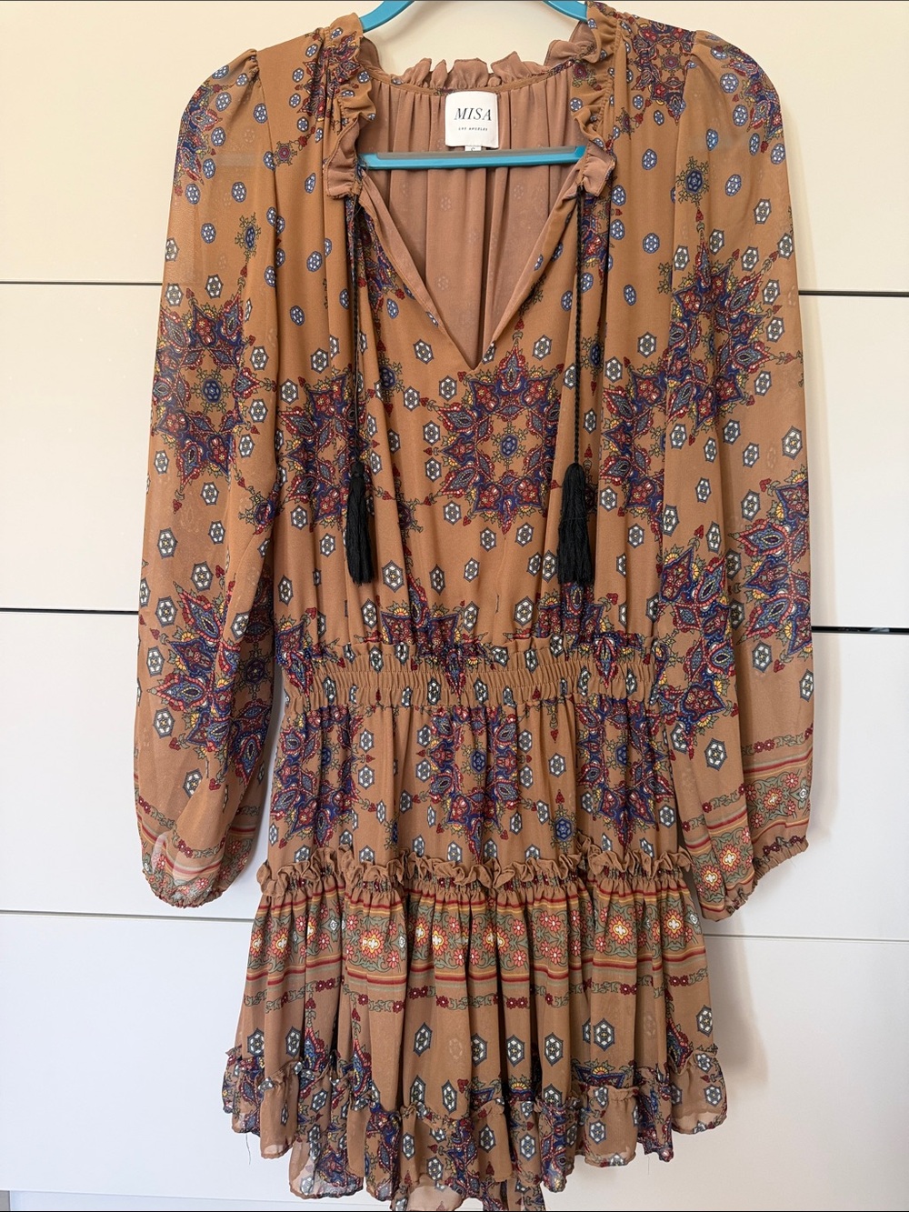 Misa Los Angeles Tan Boho Paisley Long-Sleeve Mini Dress